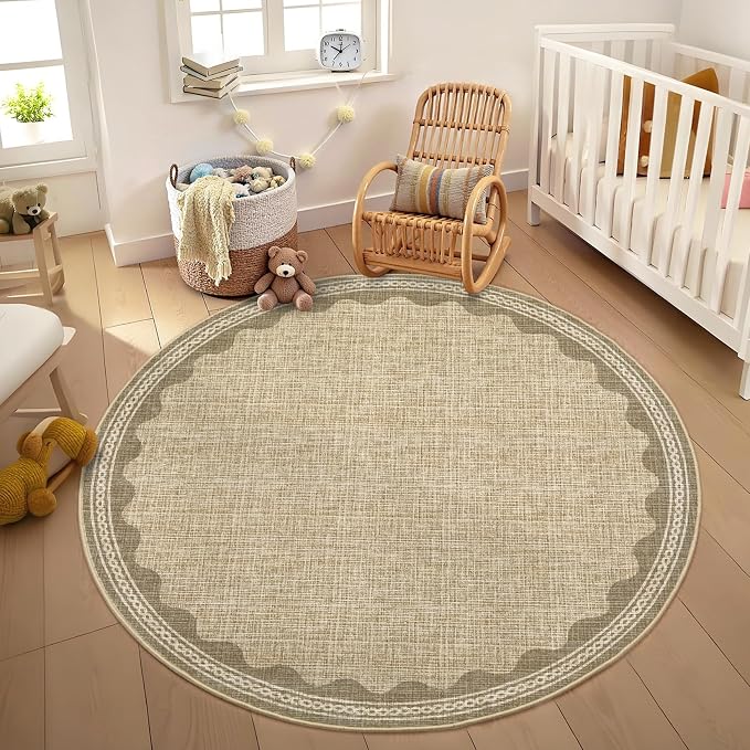 GarveeHome Scalloped Jute Print 4 ft Round Rug Washable Non-Slip Soft - Image 2