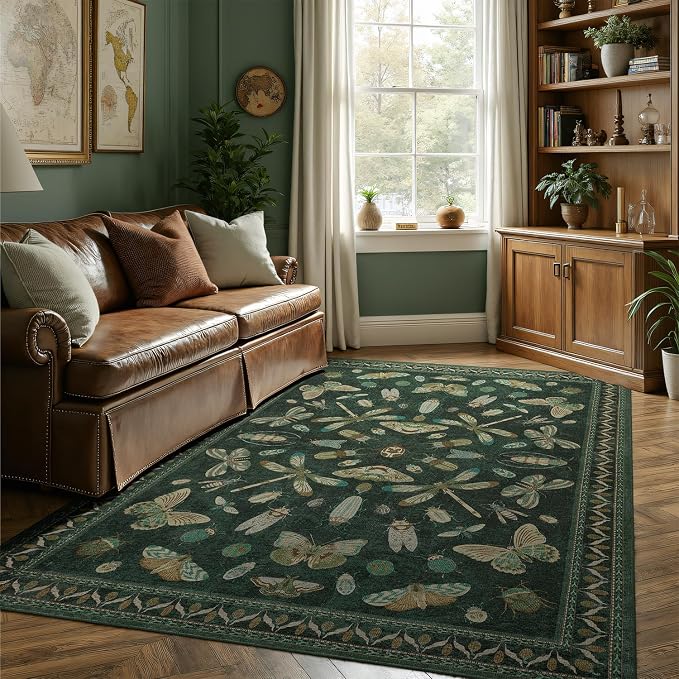 DCX 4x6 Washable Insect Rug, Vintage Gothic Dark Green Rug - Image 3