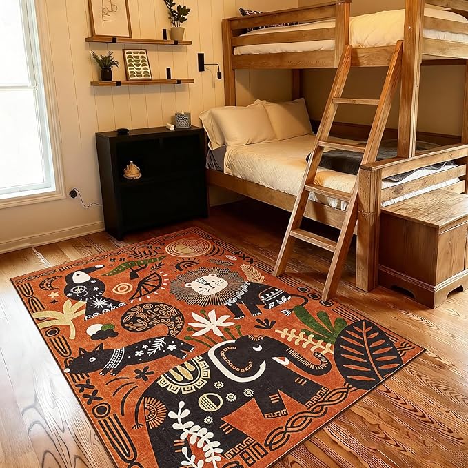 jinchan 5x7 Cute Area Rug Kids Washable Fun Rug Terracotta Boho Jungle Indoor by JINCHAN