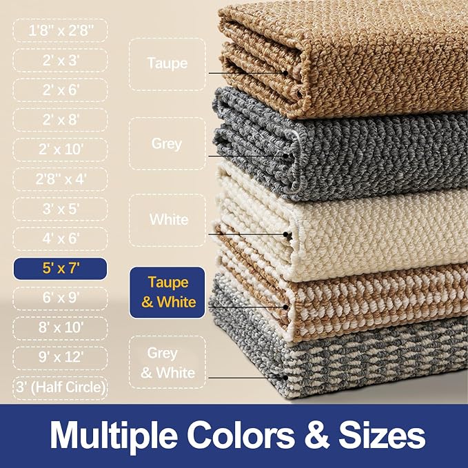 Faux Jute Area Rug 5'x7', Washable & Non-Slip, Taupe & White | 0.27" Low Pile - Image 7