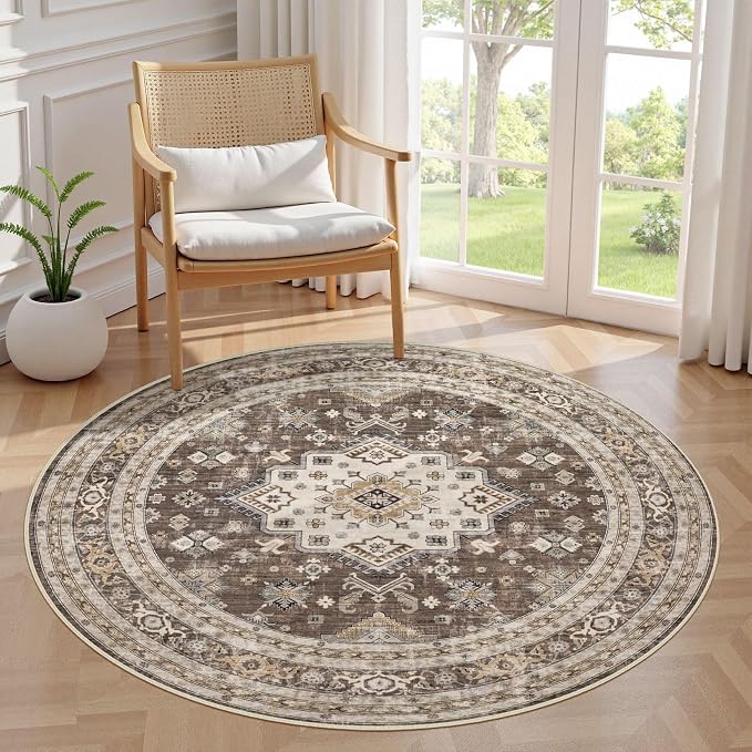 5ft Round Vintage Living Room Area Rug by COTILED