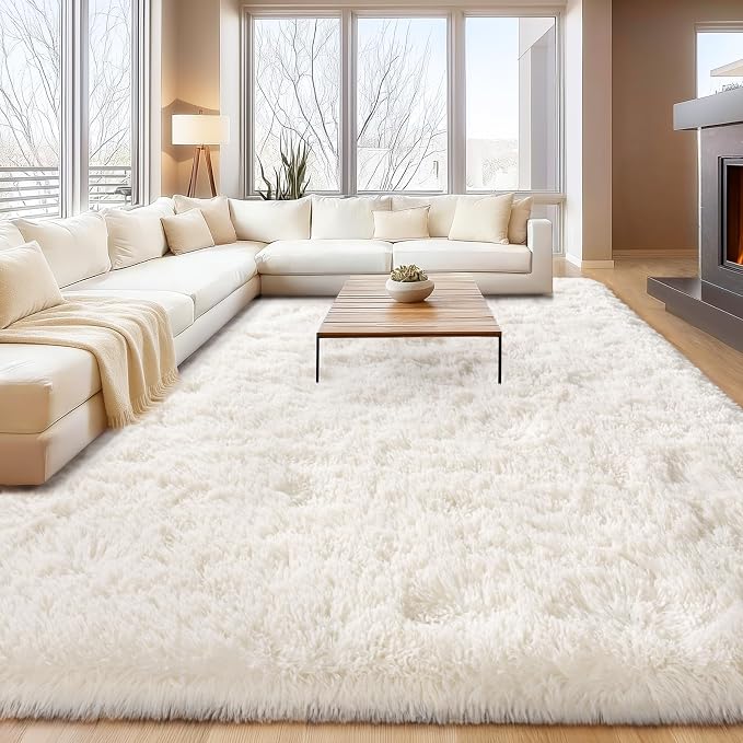 Cream White Plush Rug for Living Room Fuzzy Carpet for Bedroom Dorm, Non-Slip - Image 3