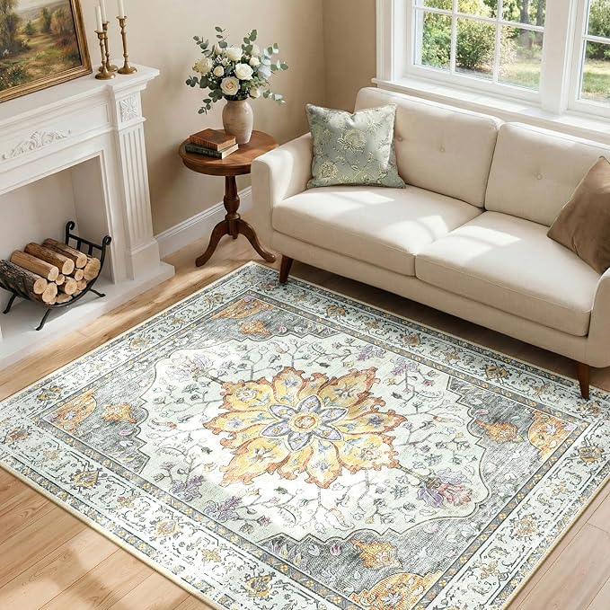 RELEANY Area Rugs 4'x6' Washable Non-Slip, Floral Vintage Distress Medallion by RELEANY