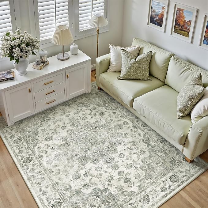 5x7 Washable Neutral Area Rug Green Vintage Living Room Bedroom Carpet Non-Slip - Image 3