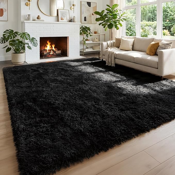 Amdrebio Black Fluffy Large Living Room Rugs, 6x9 Rug, Furry Area Rug by Amdrebio