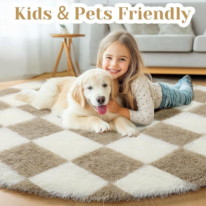KICMOR Round Rugs 6ft Beige and Cream White Circle Area Rug, Fluffy Soft Fuzzy - Image 4