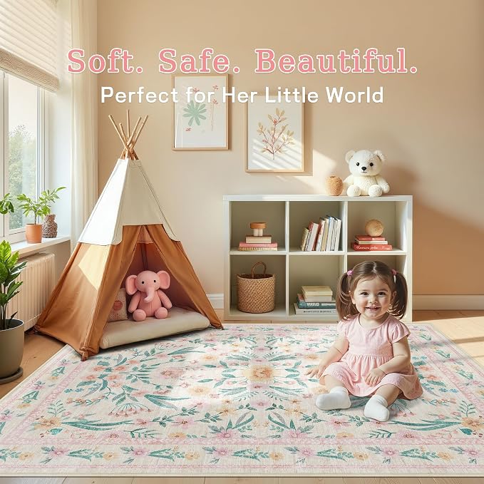 Floral Rug 3X5 for Girls Bedroom or Nursery, Cute Soft Boho Carpet for Kids Room - Image 8
