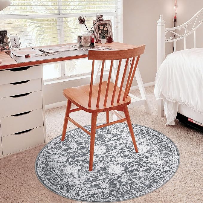 KILOCOCO Round Rug 3ft Vintage Floral Small Circle Rug Machine Washable - Image 8
