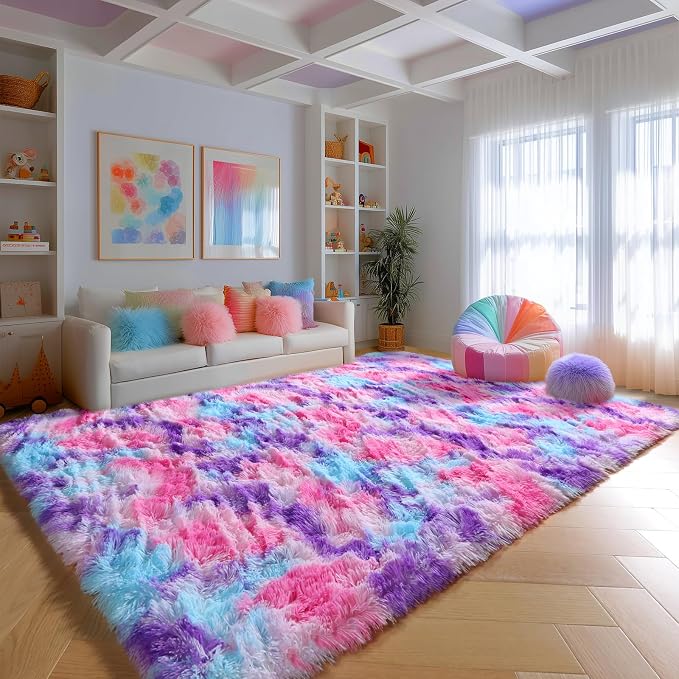 PAGISOFE Rainbow Purple Rugs for Girls Bedoom 5x7 Ft, Fluffy Cute Colorful - Image 2