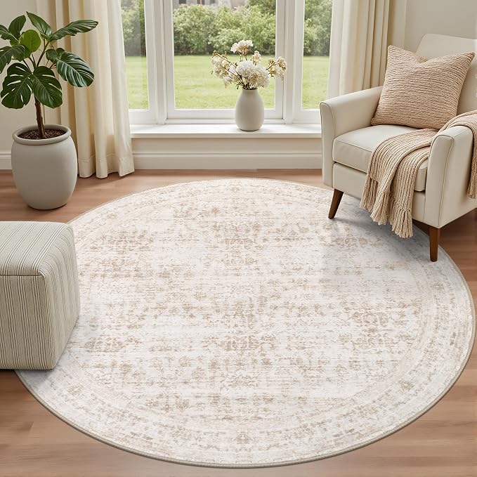 Round Area Rug for Living Room: 8 ft Washable Vintage Boho Soft Thin Circle Rug - Image 2