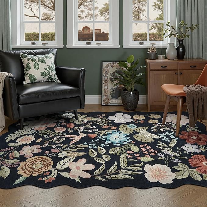 DCX Black Floral Rug 5x7, Washable Black Rug - Image 3