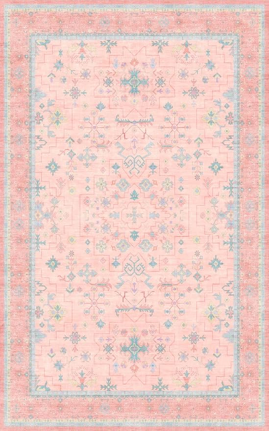 Hazo Haus Pink and Blue Washable 5x8 Living Room Rugs, Boho Aethestic Oushak - Image 2