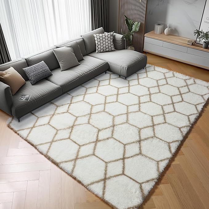 ONASAR 5x7 Area Rugs for Living Room Bedroom, Fluffy White and Beige Faux Fur - Image 6