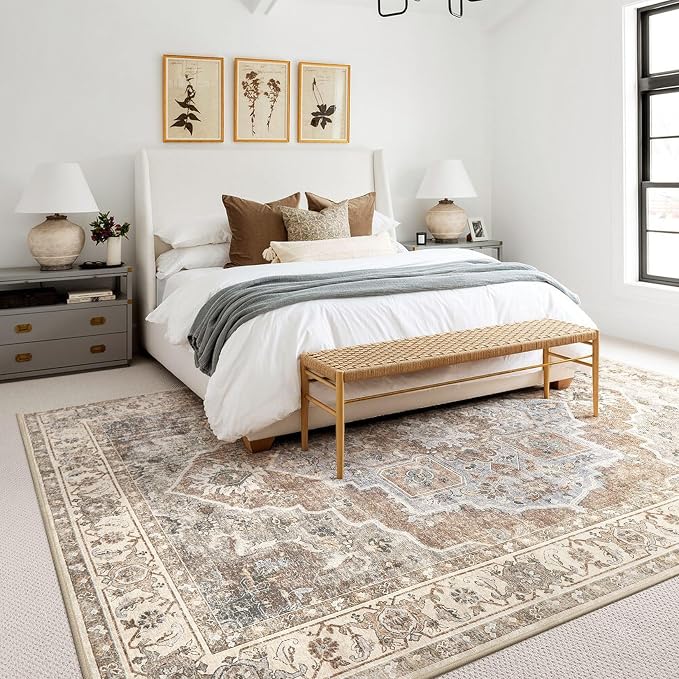 5x7 Washable Area Rug: Vintage Neutral Soft Non Slip Thin Large Floor Carpet - Image 4