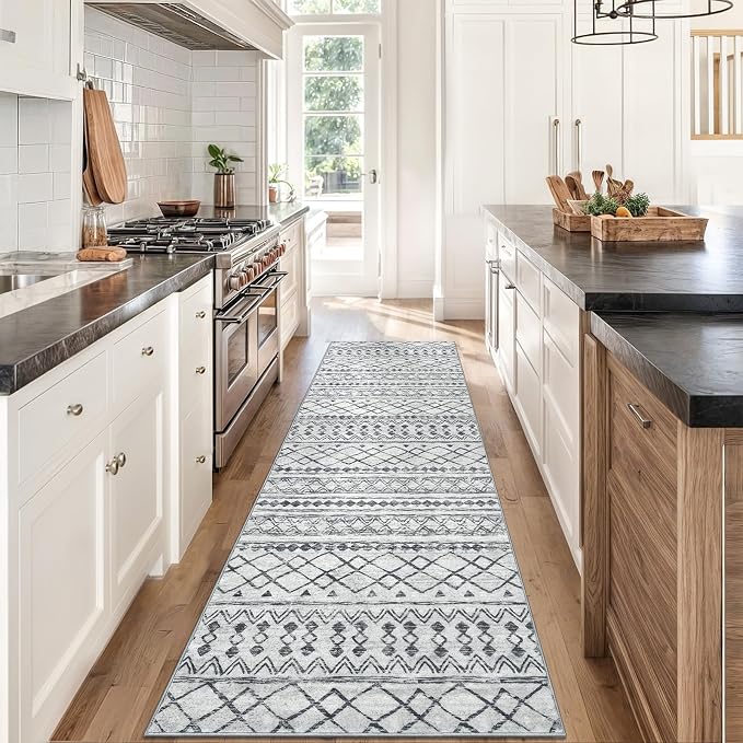 KUTA Moroccan Washable Runner Rug 2.6x8, Non-Slip Vintage Grey Boho Hallway - Image 2