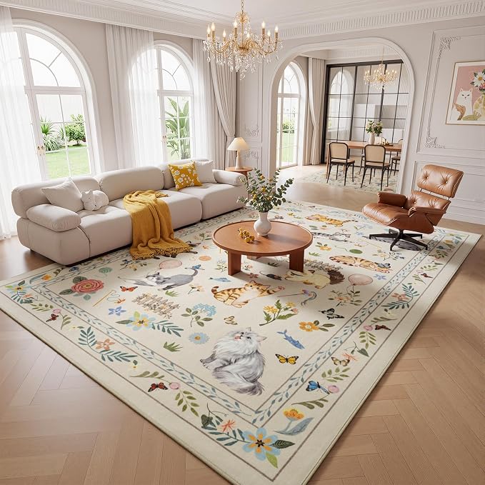 Unirea 9x12 Beige Cat Area Rug for Living Room, Large Soft Washable Kids Rug - Image 9