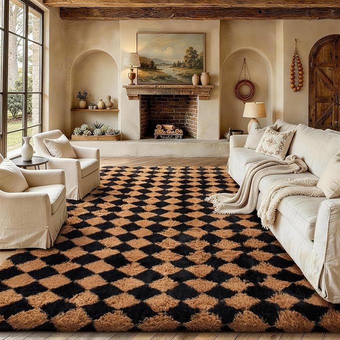 Ophanie 8x10 Black & Beige Diamond Checkered Rugs by Ophanie