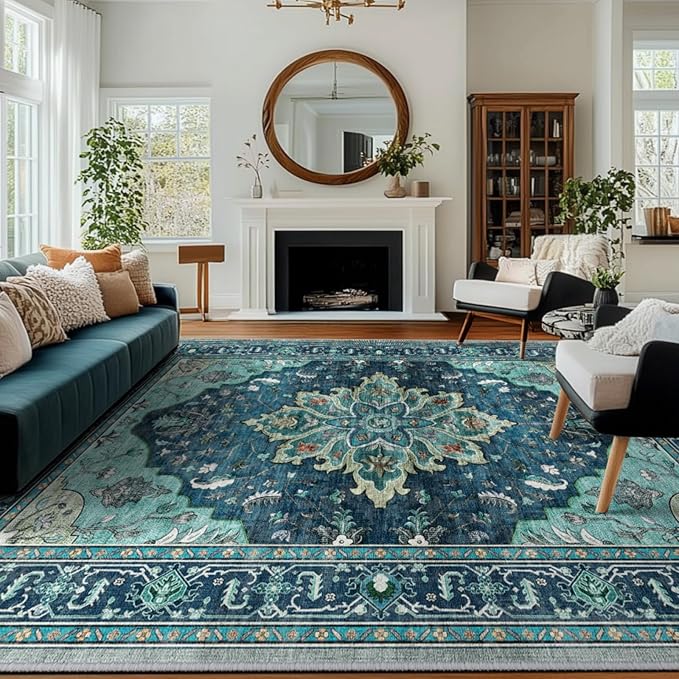 RELEANY Area Rugs 8'x10' Washable Non-Slip, Floral Vintage Distress Medallion by RELEANY