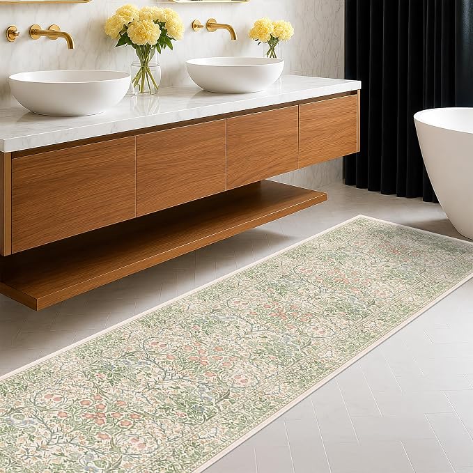 Beige Green 2x8 Rug Runners for Bathroom, Washable Long Floor Runner for Kitchen by HazoHaus