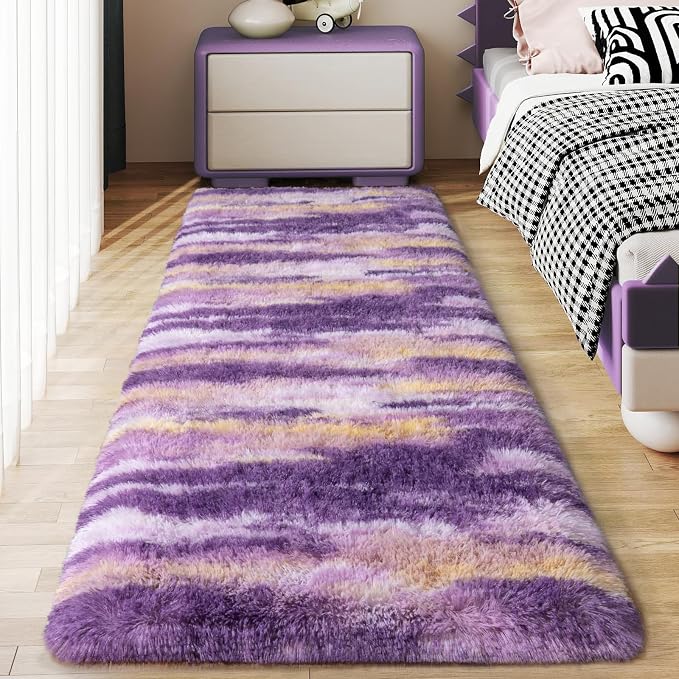 Soft Runner Rugs for Bedroom Hallways, 2x5 Abstract Purple Fluffy Shag Throw by Ailyei