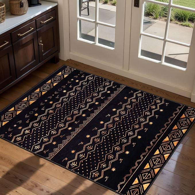 SERISSA 2x3 Rugs for Entryway, Washable Non-Slip Black and Gold Small Area Rug by SERISSAHomeDecorCollection