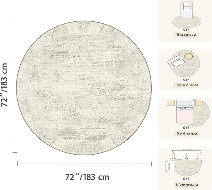 Latte&Fog Vintage 6ft Round Area Rug, Washable Low Pile Non Slip Ivory Neutral - Image 2