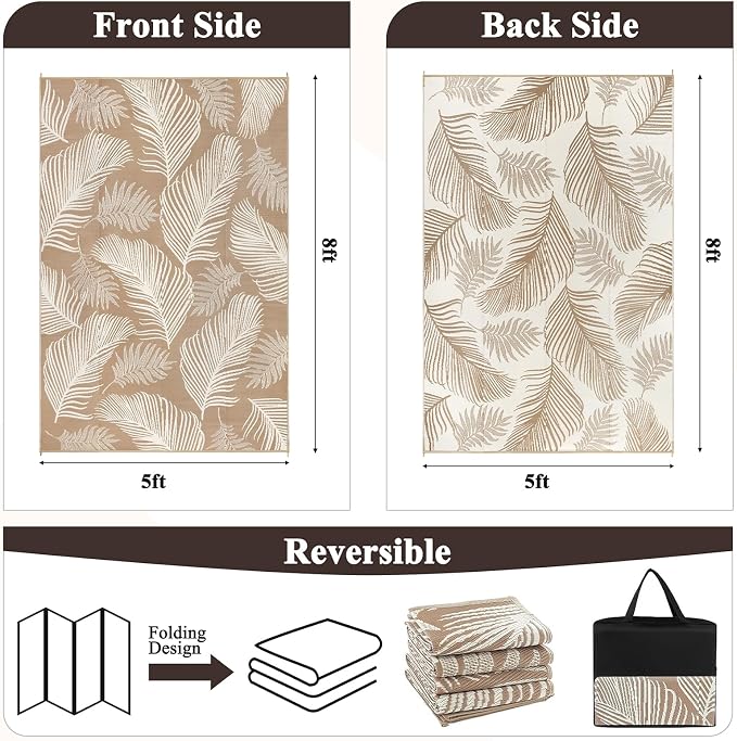 Pauwer Waterproof Outdoor Rug 5x8, Reversible Plastic Straw Patio Camping Rug - Image 3