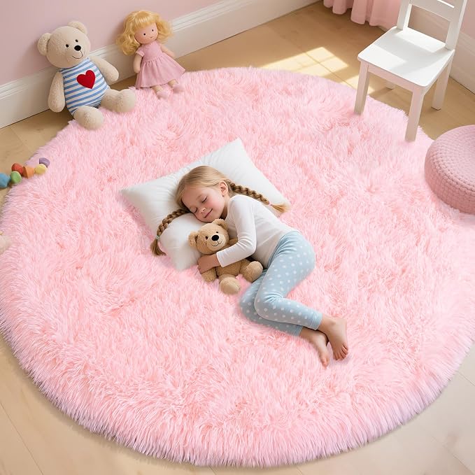 Round Fluffy Pink Rug for Bedroom, 8Ft Large Fuzzy Shag Circle Area Rug for by WISHTREE