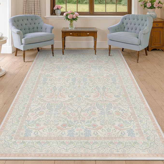 Light Pink 6x9 Girl Bedroom Rug Low Pile & Soft, Botanical Floral Washable - Image 6