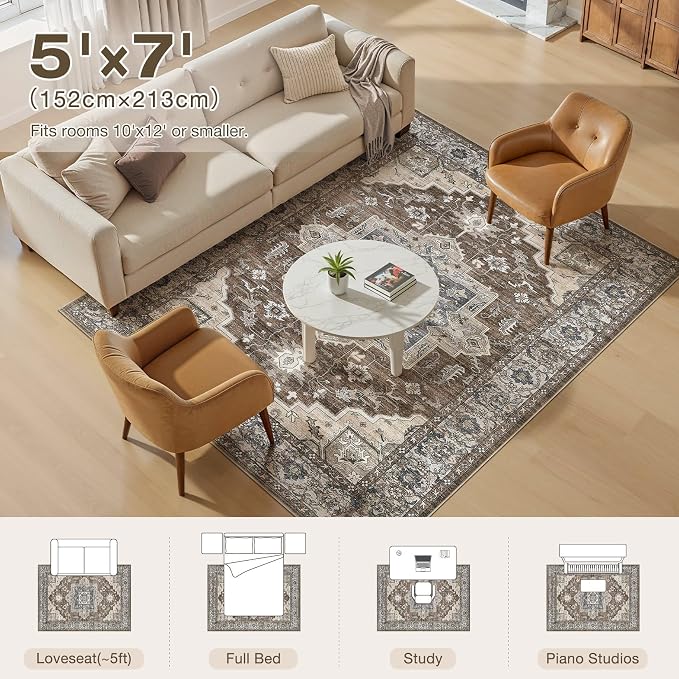 5x7 Area Rugs Living Room: Washable Vintage Rug Large Non-Slip Stain Resistant - Image 8