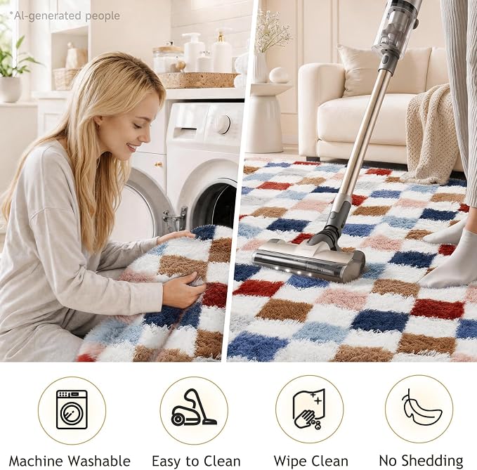 Ophanie Checkered Rainbow Rug for Living Room Bedroom, Colorful Fluffy Soft - Image 6
