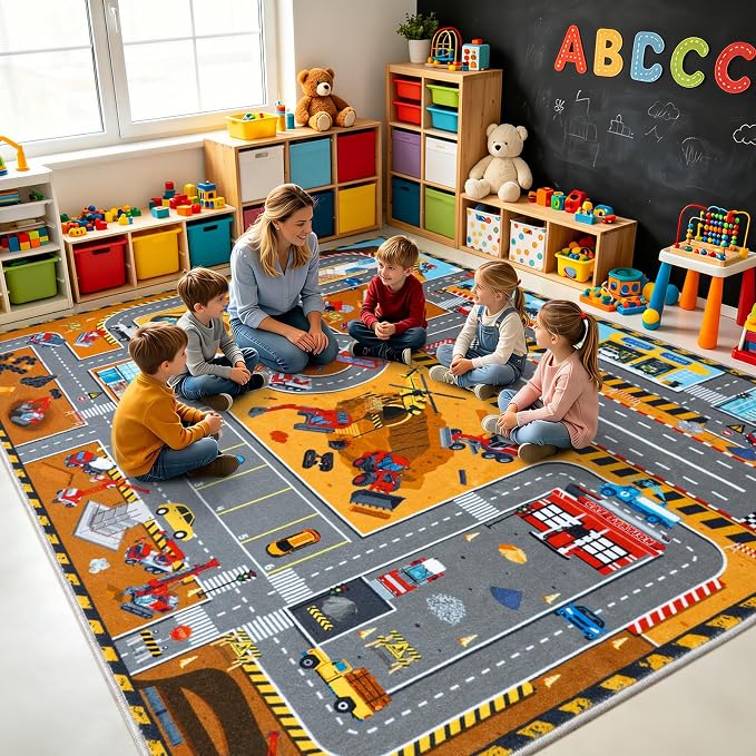 Kids Car Rug Play Mat 6x9 Ft, Non-Slip Washable Construction Site Playroom Rug - Image 3