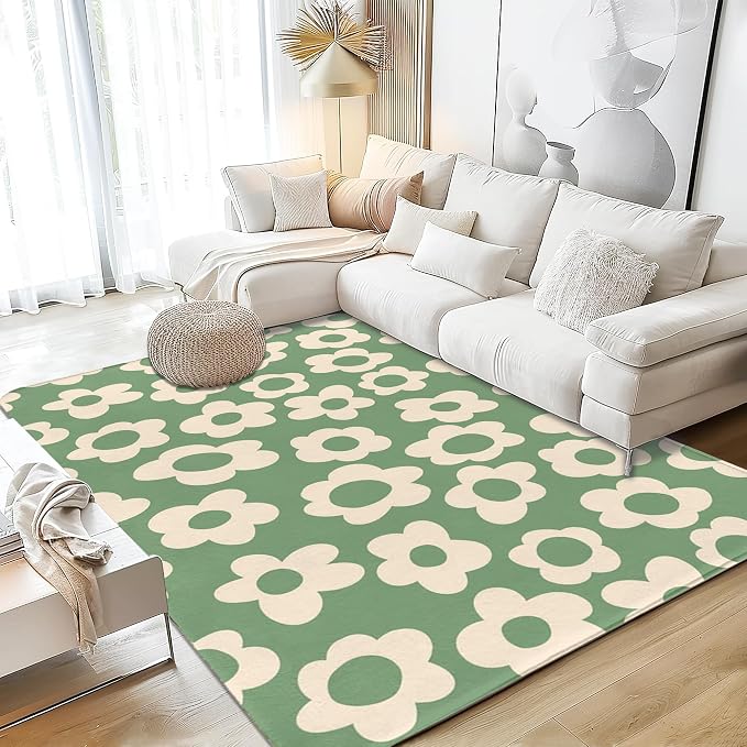 Vintage Groovy Flower Area Rug for Living Room, Washable Area Rugs 5x7 Non-Slip by SPUNKER