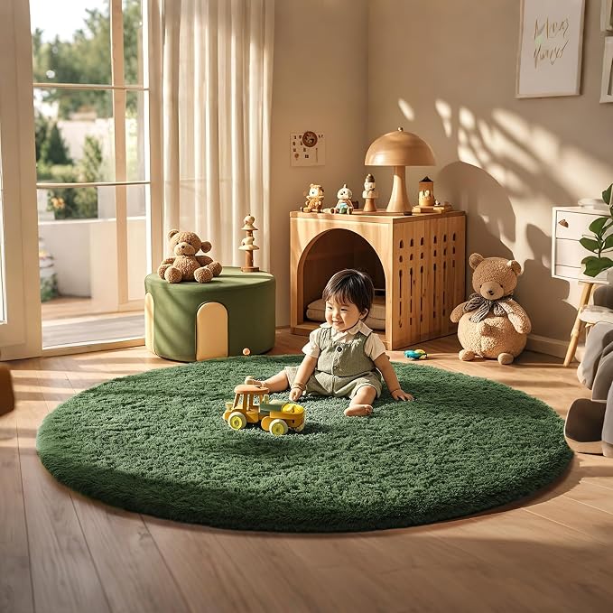 Ophanie Round Rug 6Ft Grey Green Circle Area Rug, Fluffy Fuzzy Bedroom Carpet by Ophanie