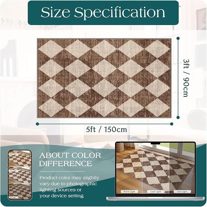 Brown Beige Checkered Entry Rug - Image 2