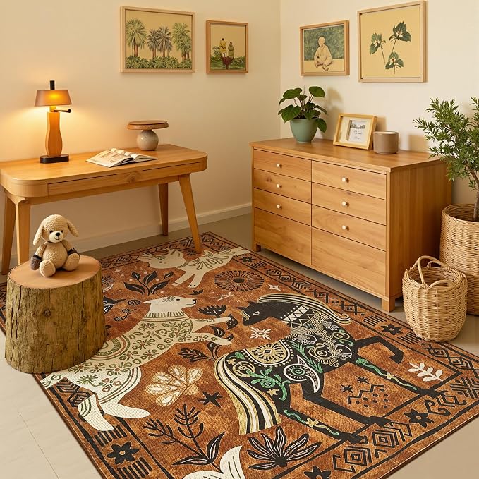 jinchan 5x7 Cute Area Rug Kids Washable Fun Rug Earthy Brown Starlit Boho - Image 3