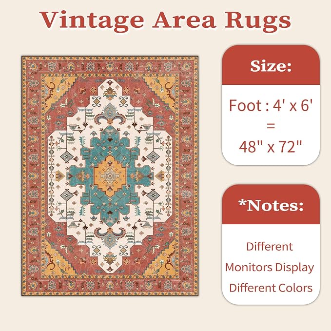 SERISSA Area Rug 4x6 Boho Rugs for Bedroom, Vintage Orange Washable Non Slip Rug - Image 6