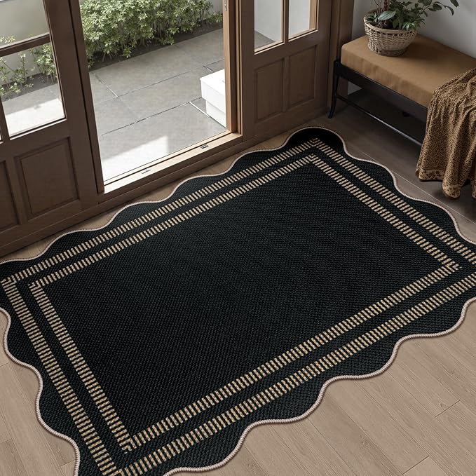 Scalloped Easy Jute Black Rug, 2.6x4 Front Door Washable Door Mat Non Slip by LORWER
