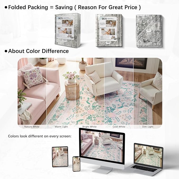 DCX 6x9 Pink Rug, Floral Rug for Girl’s Bedroom, Cute Soft Low Pile Non Slip - Image 4