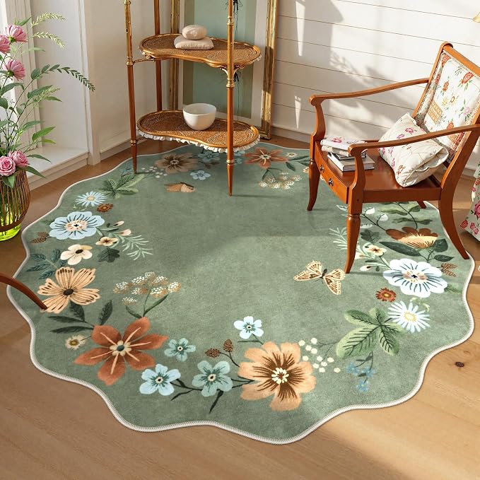 Lahome Floral Washable Round Area Rug, Round Rug 5ft Soft Non-Slip, by Lahome
