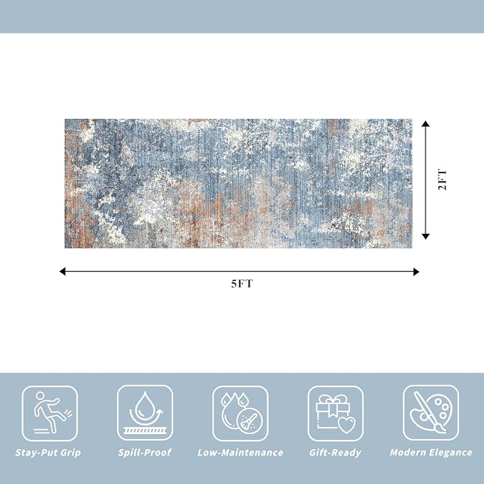 2x5 Washable Kitchen Rug Runner – Non-Slip Abstract Modern Neutral Small Rug - Image 2