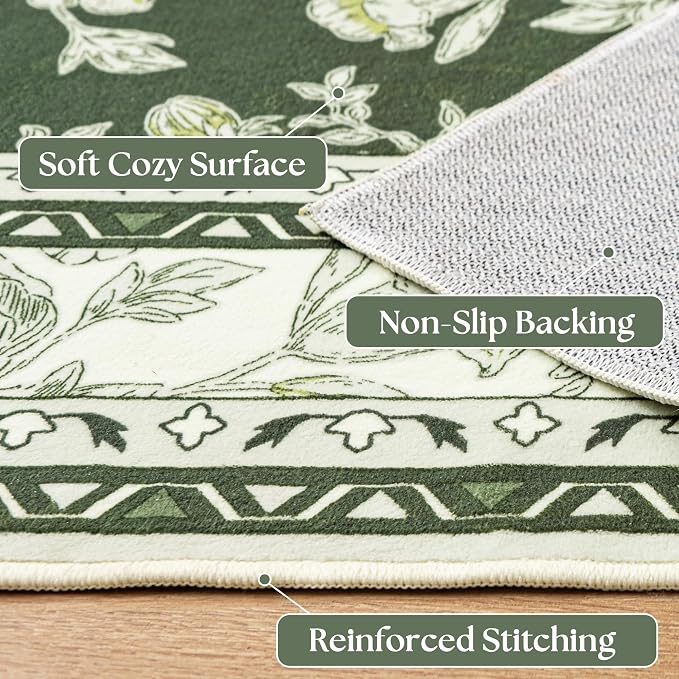 Olive Green Floral Print Area Rugs - Image 4