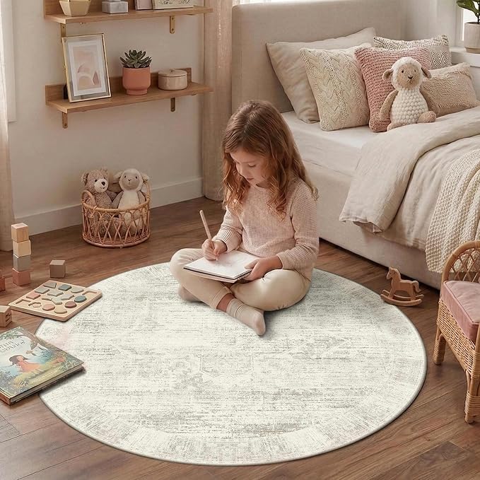 Latte&Fog Washable Round Area Rug 4ft, Vintage Floral Low Pile Non Slip Ivory - Image 4