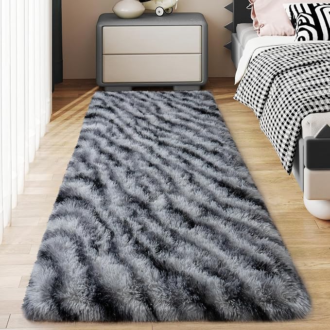 Soft Runner Rugs for Bedroom Hallways, 2x4 Black and White Fluffy Shag Throw - Image 6