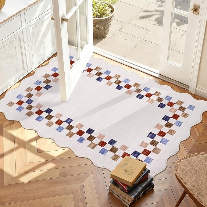 Small Area Rug 2x3 Modern Checkered Entry Rug Solid Color Scalloped Kitchen - Image 2
