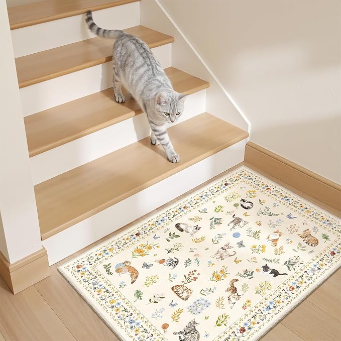 Soalmost 2x3 Cat Rugs for Entryway, Machine Washable Door Mat Animal Floral - Image 2