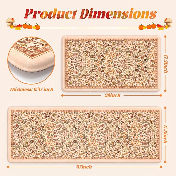 Collive Fall Orange Floral Kitchen Mats, Cushioned Anti Fatigue Kitchen Rug Set - Image 2