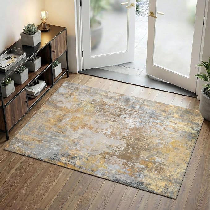 Beige Gold Entryway Rug 3x5 Door Mat Indoor Entrance 36x60, Washable Small by Acapet