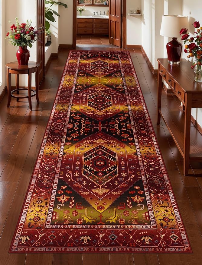 SERISSA Runner Rug for Hallways, Long Boho Rug Vintage Rustic Red Gold Hallway by SERISSAHomeDecorCollection