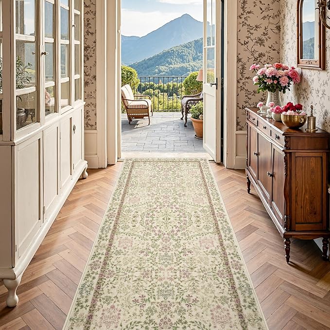 jinchan Zenith Floral Runner Rug 3x8 Washable Kitchen Runner Non-Slip Low-Pile - Image 2